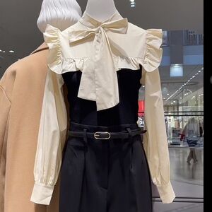 Zara Cream Ruffle Bow-Front Blouse with Black Bodice